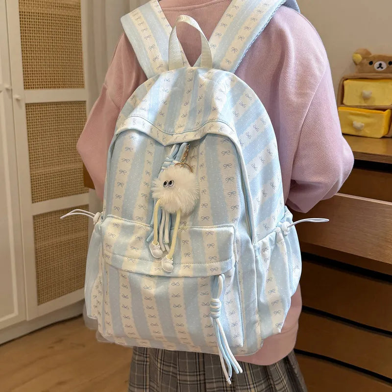 Nixie Striped Bow School Backpack – Large Capacity Teen Girls
