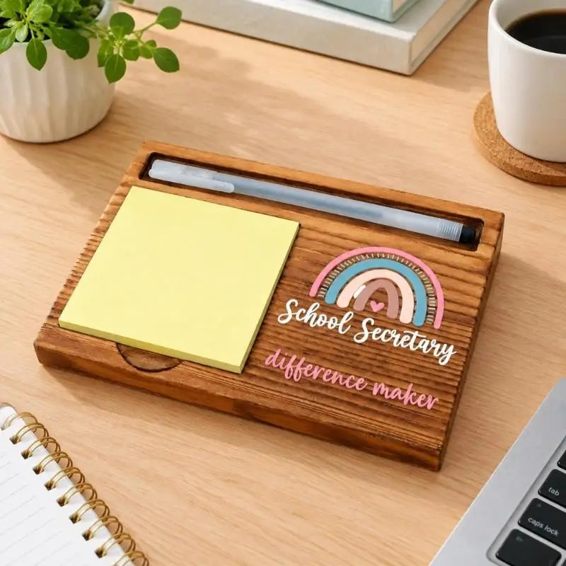 Wood-Grain Desk Organizer with Note Holder & Pen Tray