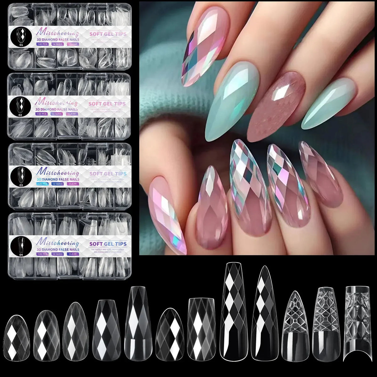 3D Diamond Almond Ballet Press On Nails – Long False Nails Set