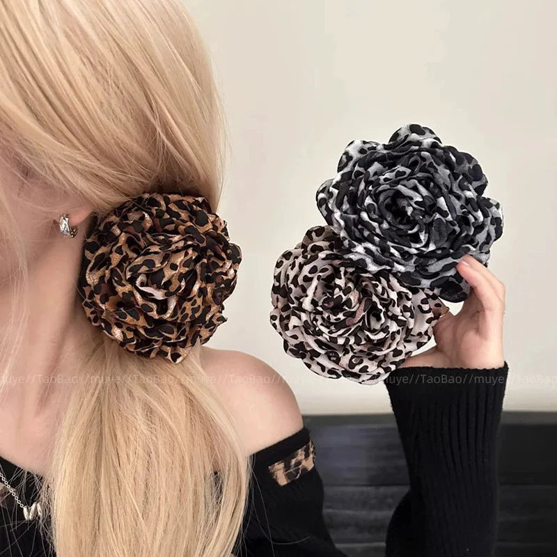 Leopard Print Fabric Rose Flower Hair Claw Clips for Women