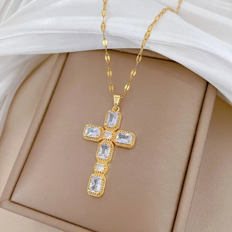 Women's Gold Cross Pendant Choker Necklace – Stainless Steel