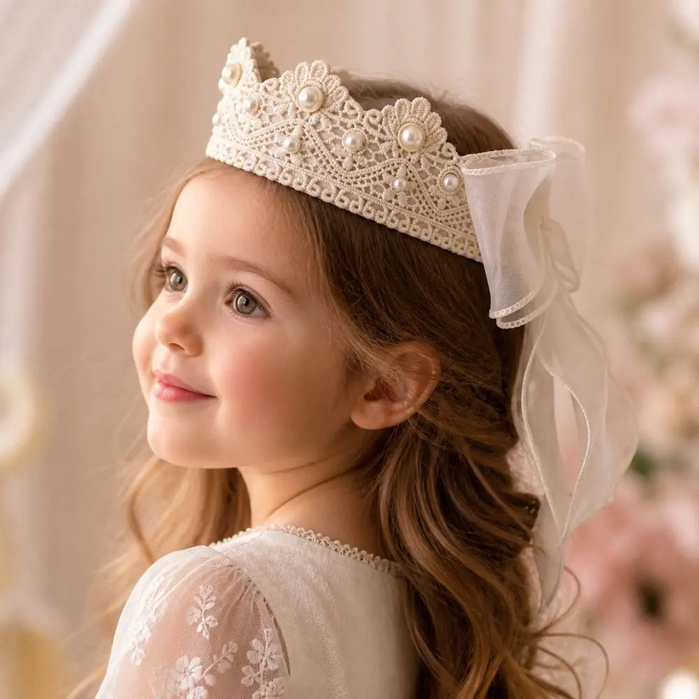 Girls Crown Headband – Mesh Bow Lace Hairband for Kids