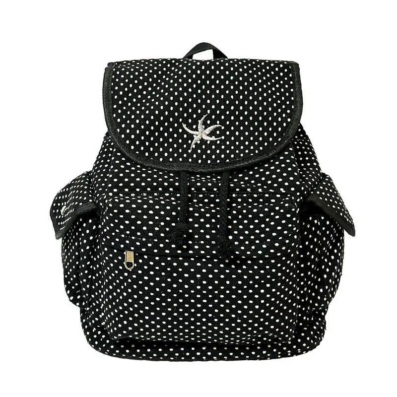 Korean Starfish Embroidered Polka Dot Canvas Backpack