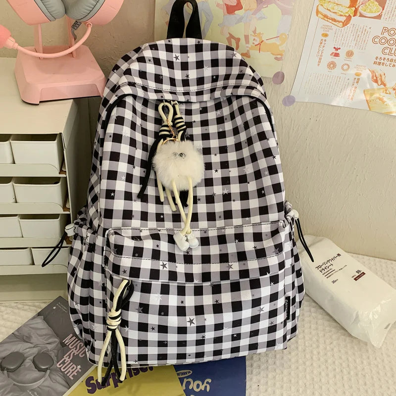Korean Plaid Backpack – Cute Star Design, Lightweight School Bag