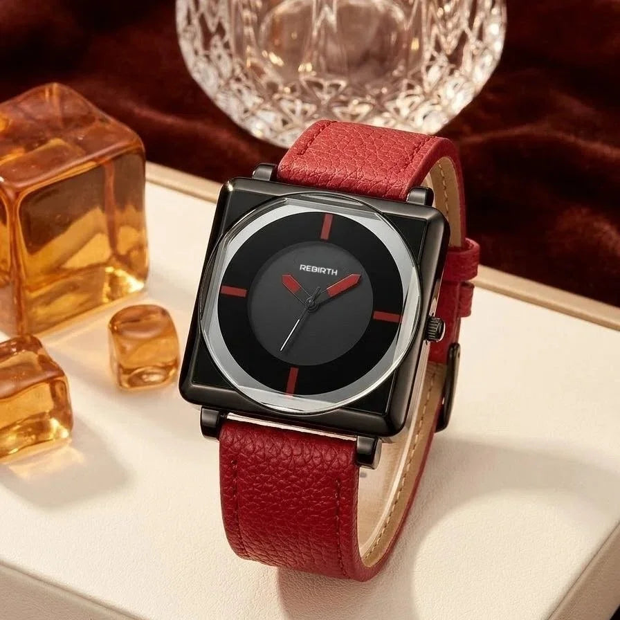REBIRTH Women's Retro Square Quartz Watch – Leather Strap