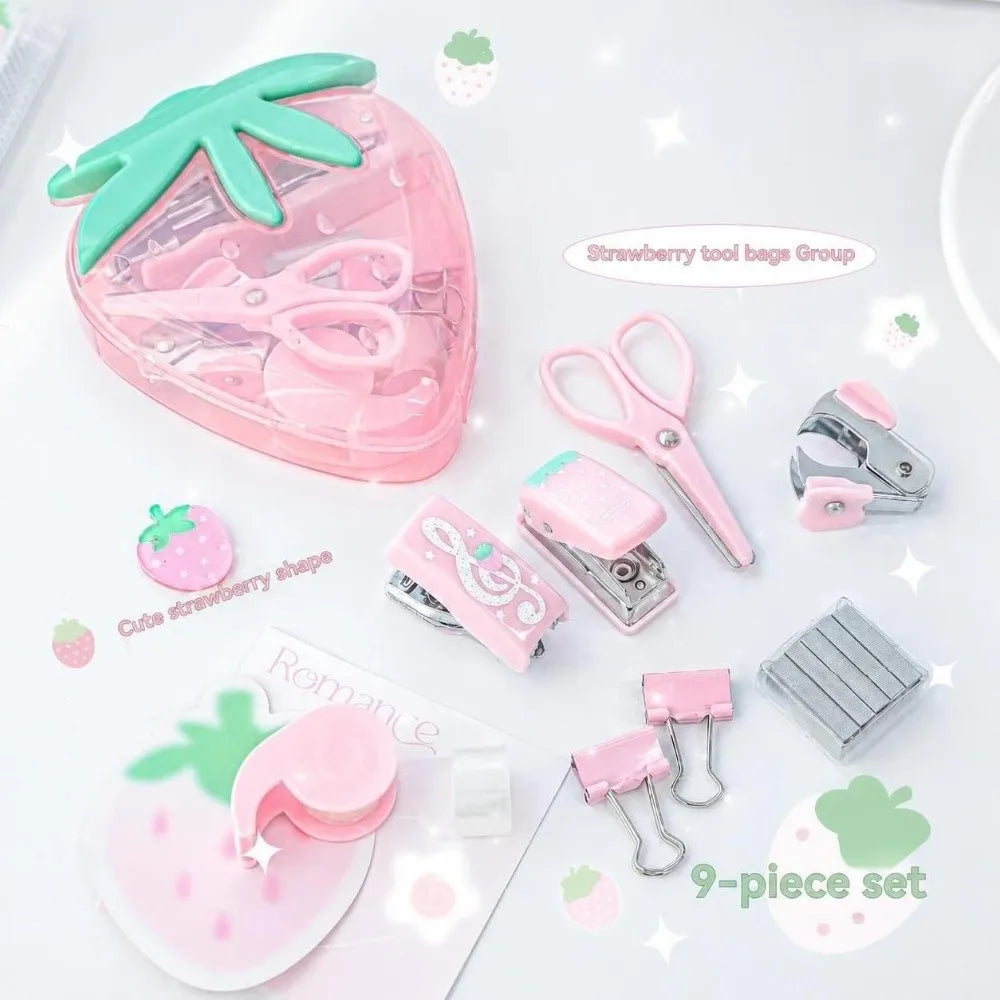 9-Piece Mini Strawberry Stapler & Puncher Stationery Set