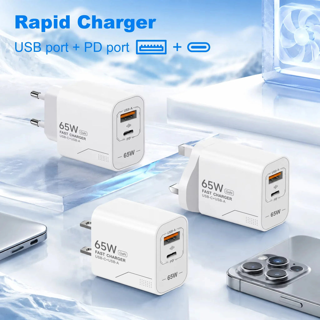 GaN 65W 2-Port USB-C PD Fast Wall Charger – EU/US Adapter