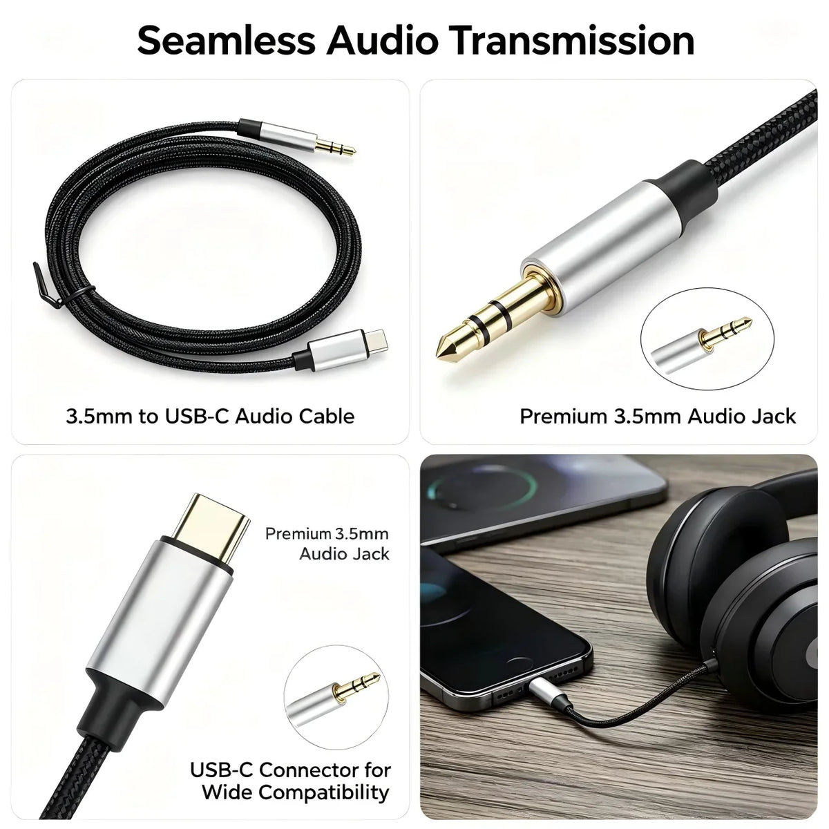 USB-C to 3.5mm TRRS AUX Audio Cable – iPhone 15 & Samsung