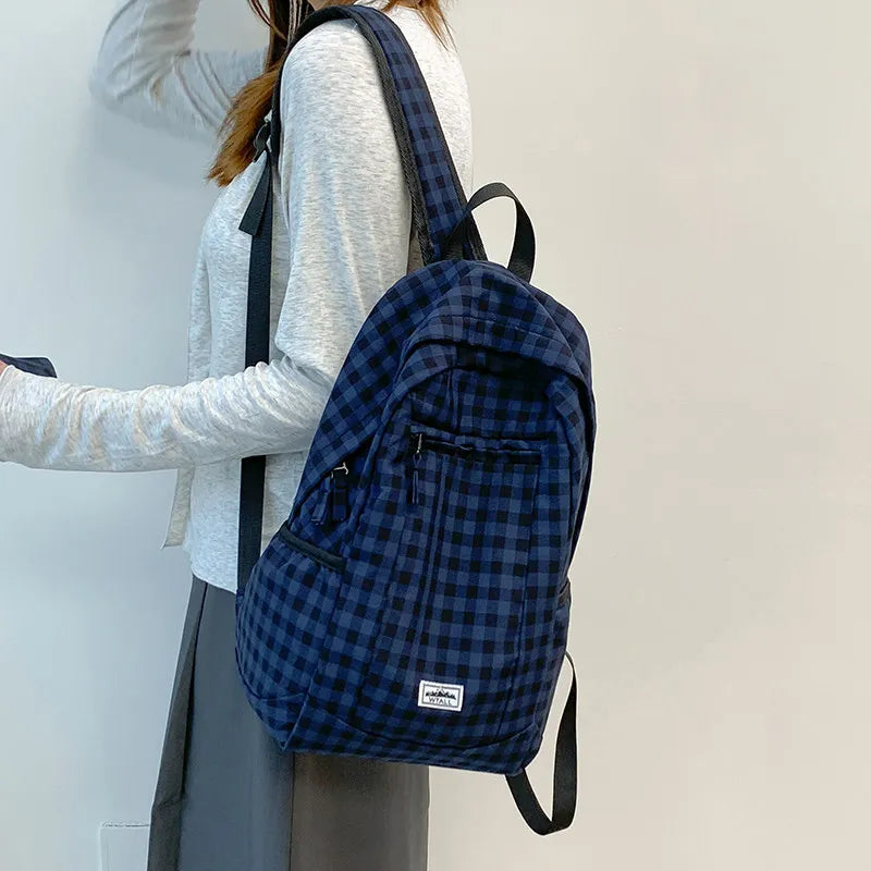 Korean Plaid Canvas Backpack – Large Capacity College Bag