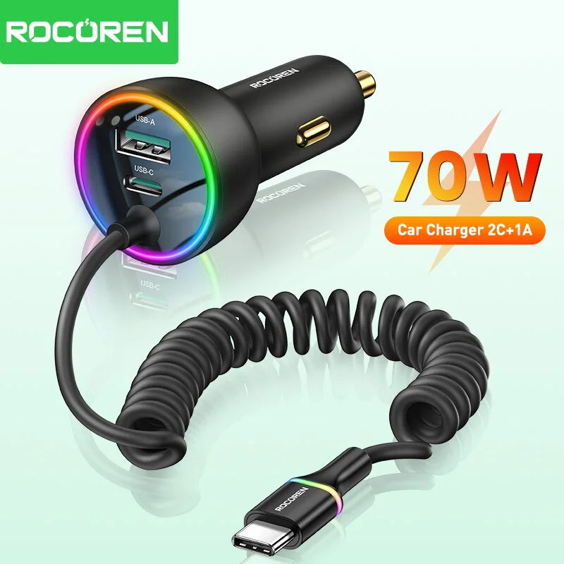 Rocoren 70W USB-C Car Charger with Spring Cable | Fast Charge