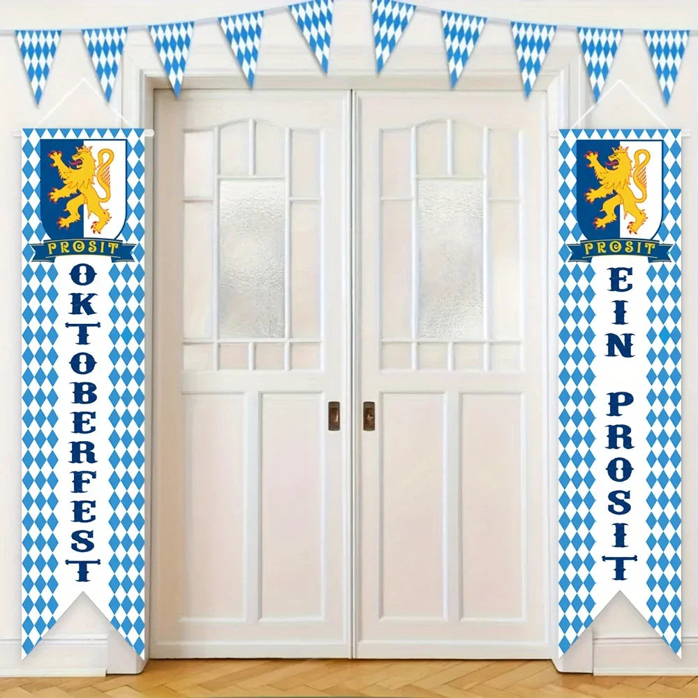 Oktoberfest Welcome Banner Set – Blue & White Bavarian Porch Decor