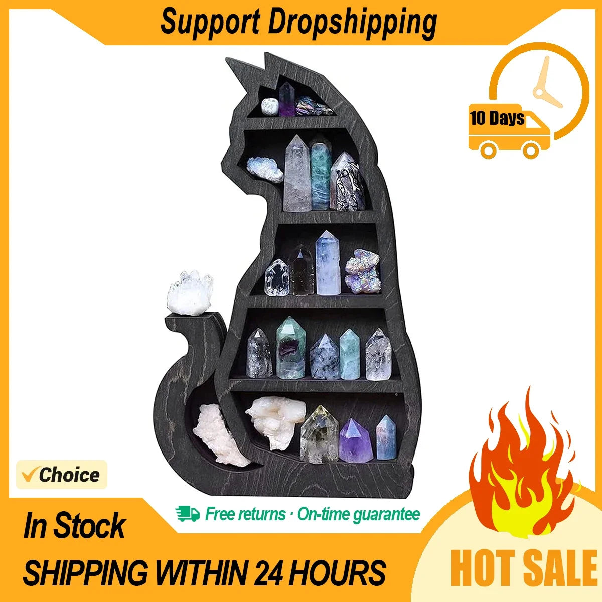 Wooden Black Cat Crystal Display Shelf – Pine Storage Rack