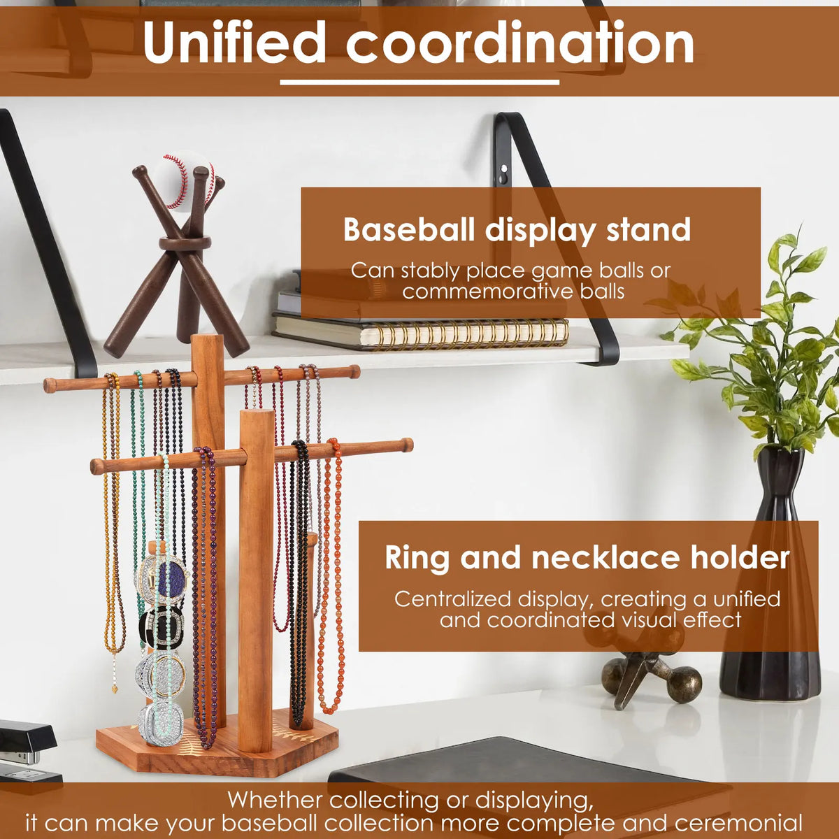 Wood Baseball Ring & Necklace Display Stand with Baseball Stand