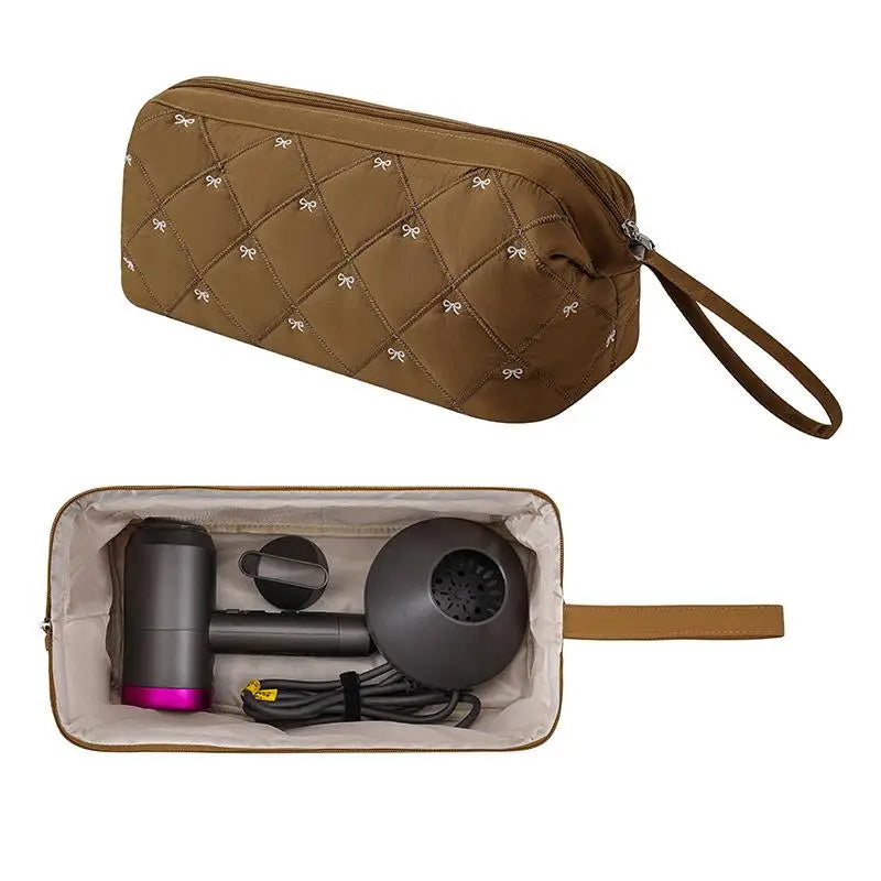 Quilted Hair Dryer Bag – Bow Embroidery Travel Storage Organizer