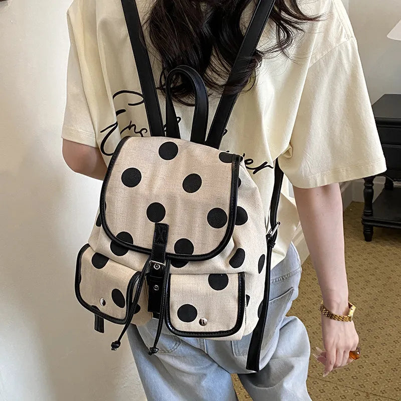 Korean Polka Dot Canvas Backpack – Women's Multi-Pocket Bag