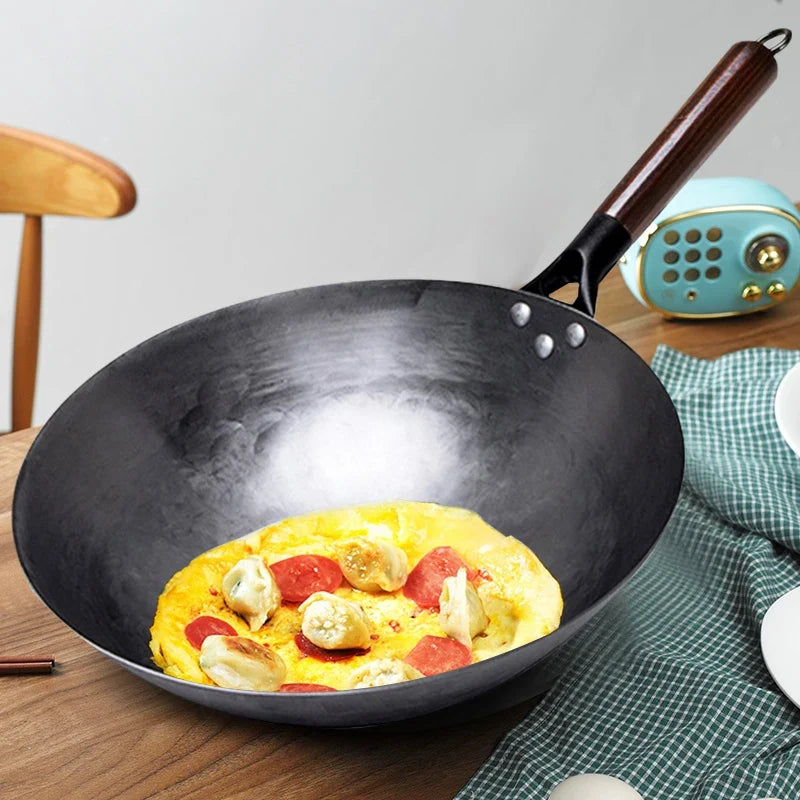 FEB.WIND Hand Forged Iron Wok – Non-Coating, Wooden Handle