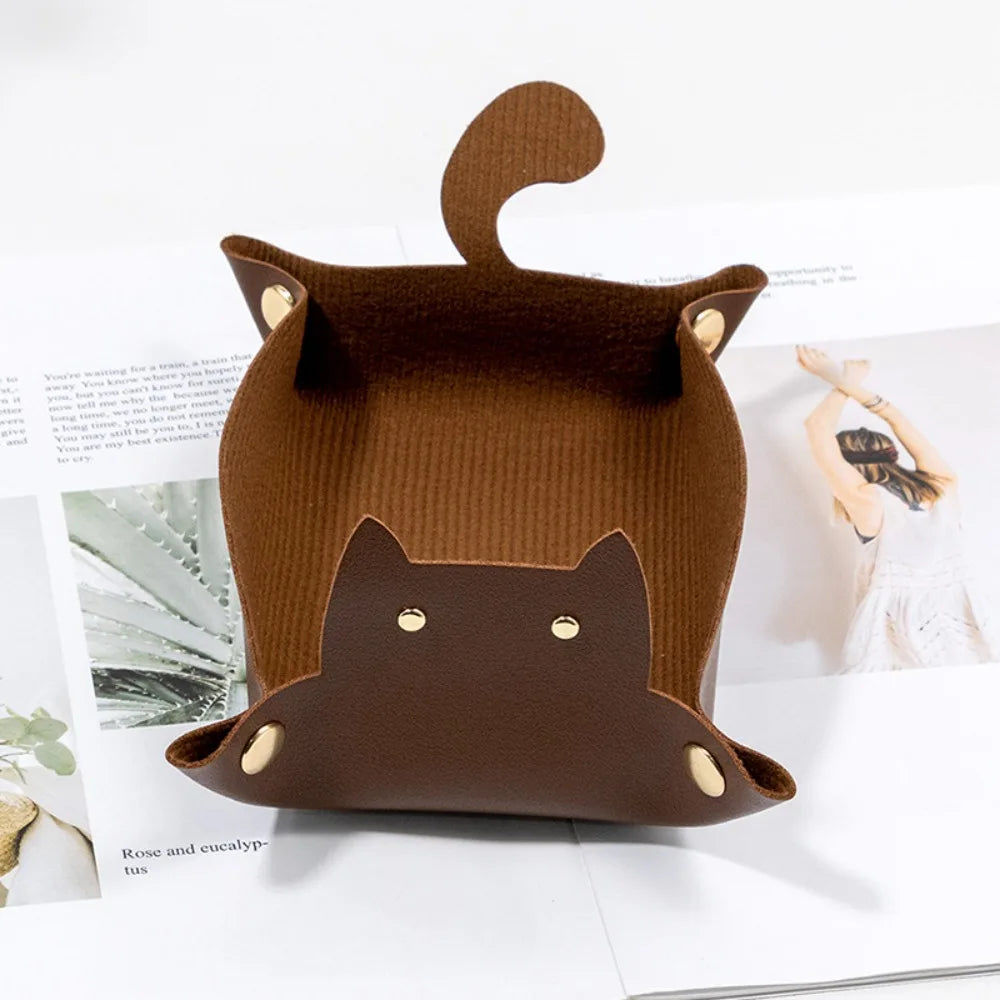 PU Leather Folding Hexagonal Dice Tray – Cute Cat Storage Tray