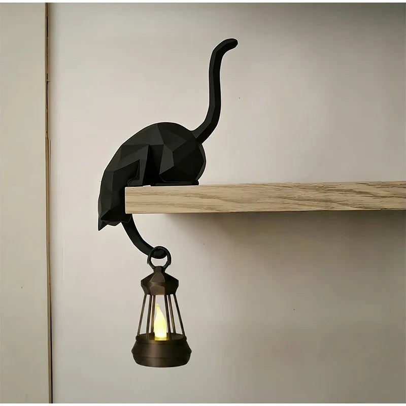 Witchy Gothic Cat Shelf Sitter Statue with Hanging Lantern