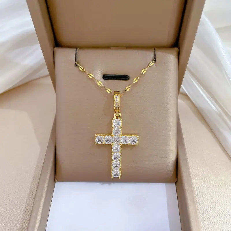 Women's Gold Cross Pendant Necklace – Stainless Steel Choker