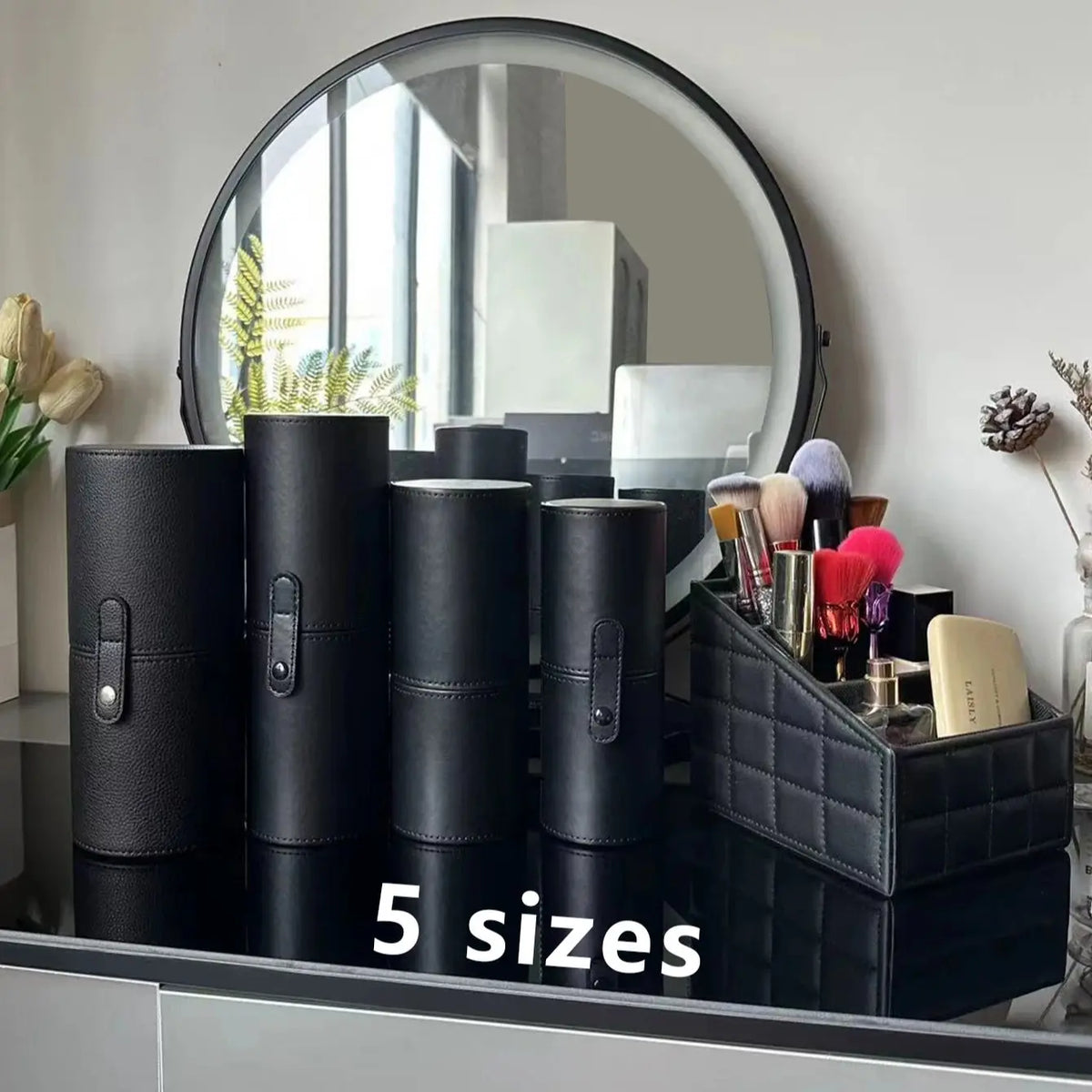 PU Leather Makeup Brush Holder & Desktop Organizer Bucket