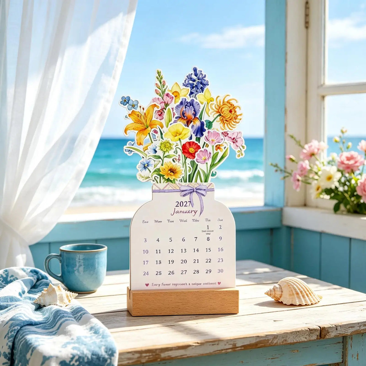 2027 Floral Desk Calendar | Vase Shape Wooden Base Standing