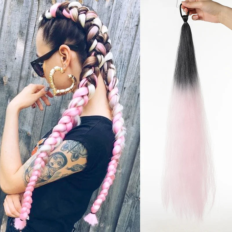 26" Synthetic Ponytail Extension Ombre Pink Purple Blue | Kanekalon
