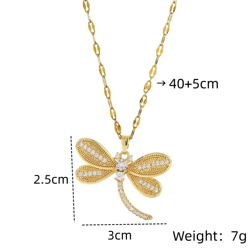 Zircon Dragonfly Pendant Necklace Gold Plated for Women