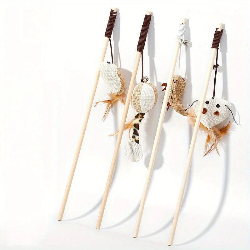 Wooden Mouse Wand Cat Toy – Interactive Pet Teaser Rod