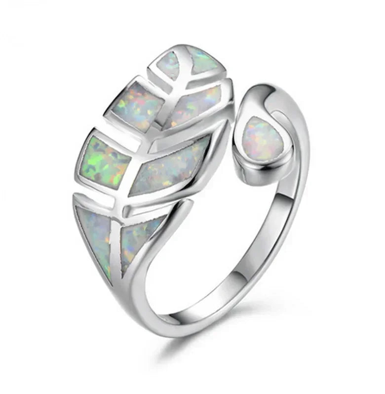 White Simulated Opal Leaves Ring | Adjustable Silver Band