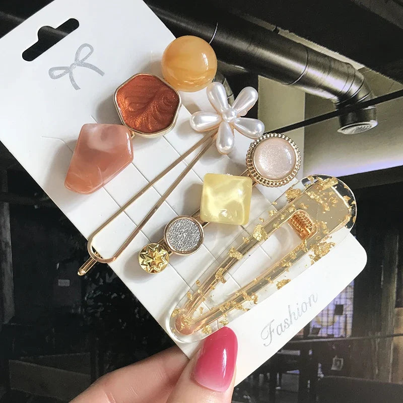 Pearl Crystal Hair Clips Set – Korean Geometric Barrettes