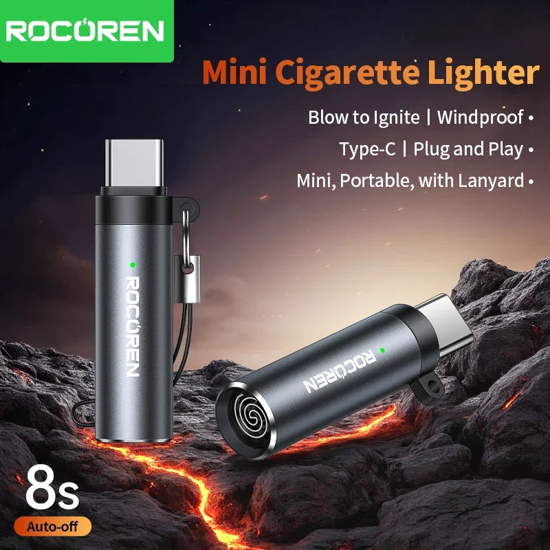 Rocoren USB-C Flameless Mini Lighter – Tungsten Blow-to-Ignite
