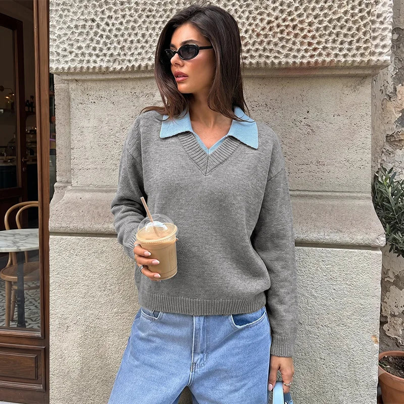 Women's Polo Neck Patchwork Knit Pullover Sweater | Loose Fit