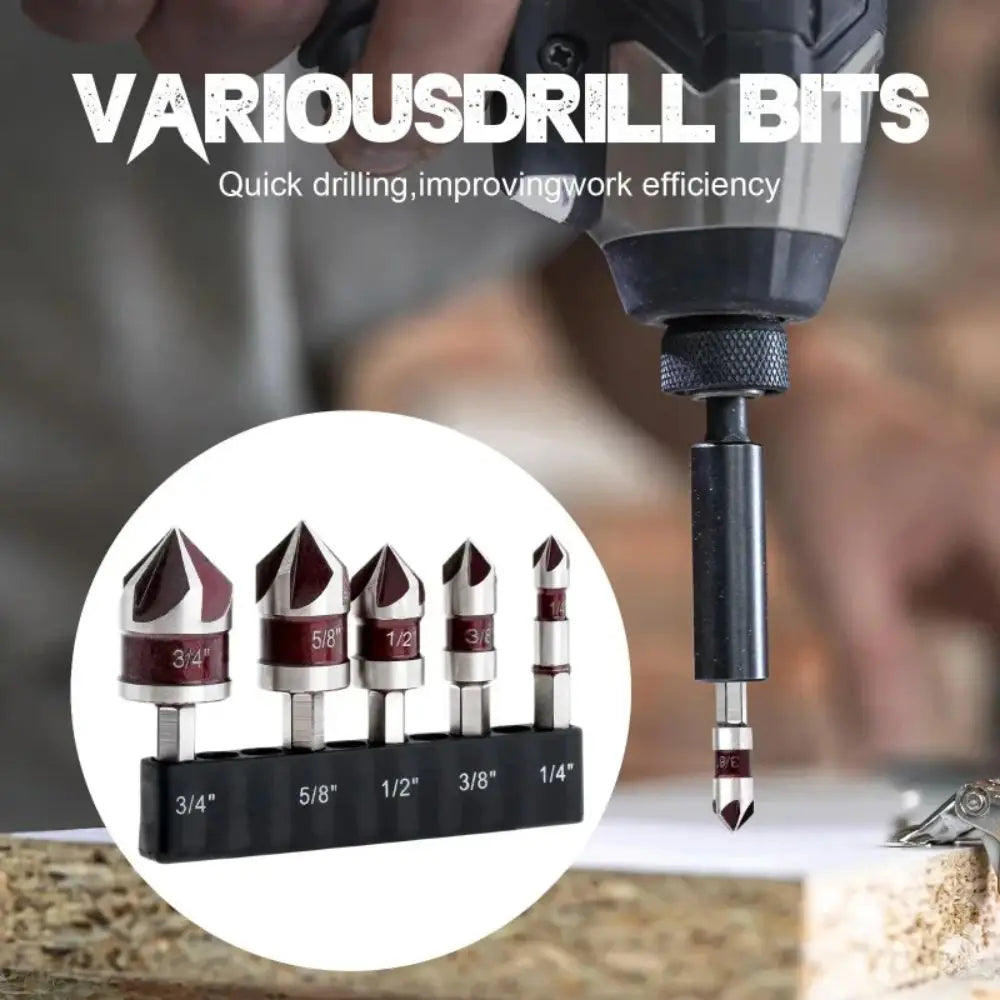 5-Piece Countersink Drill Bit Set | 1/4"–3/4" Hex Shank