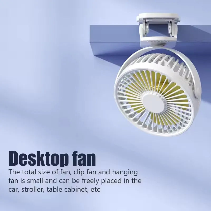 USB Rechargeable Clip Fan – 720° Rotatable with Night Light