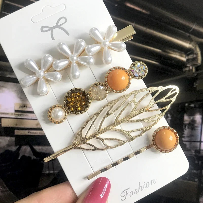 Pearl Crystal Hair Clips Set – Korean Geometric Barrettes