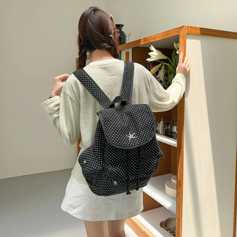 Korean Starfish Embroidered Polka Dot Canvas Backpack