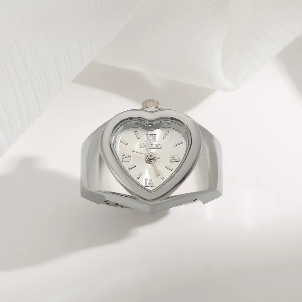 Retro Heart Shape Ring Watch – Stainless Steel Quartz Clock