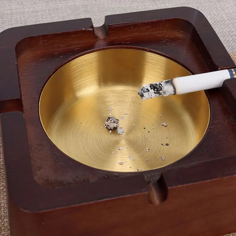Natural Wood Ashtray with Lid – Iron Core, Square & Circle
