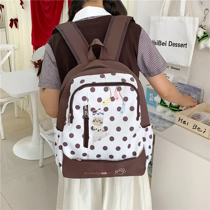 Cartoon Kitten Backpack – Korean Polka-Dot Lightweight Canvas