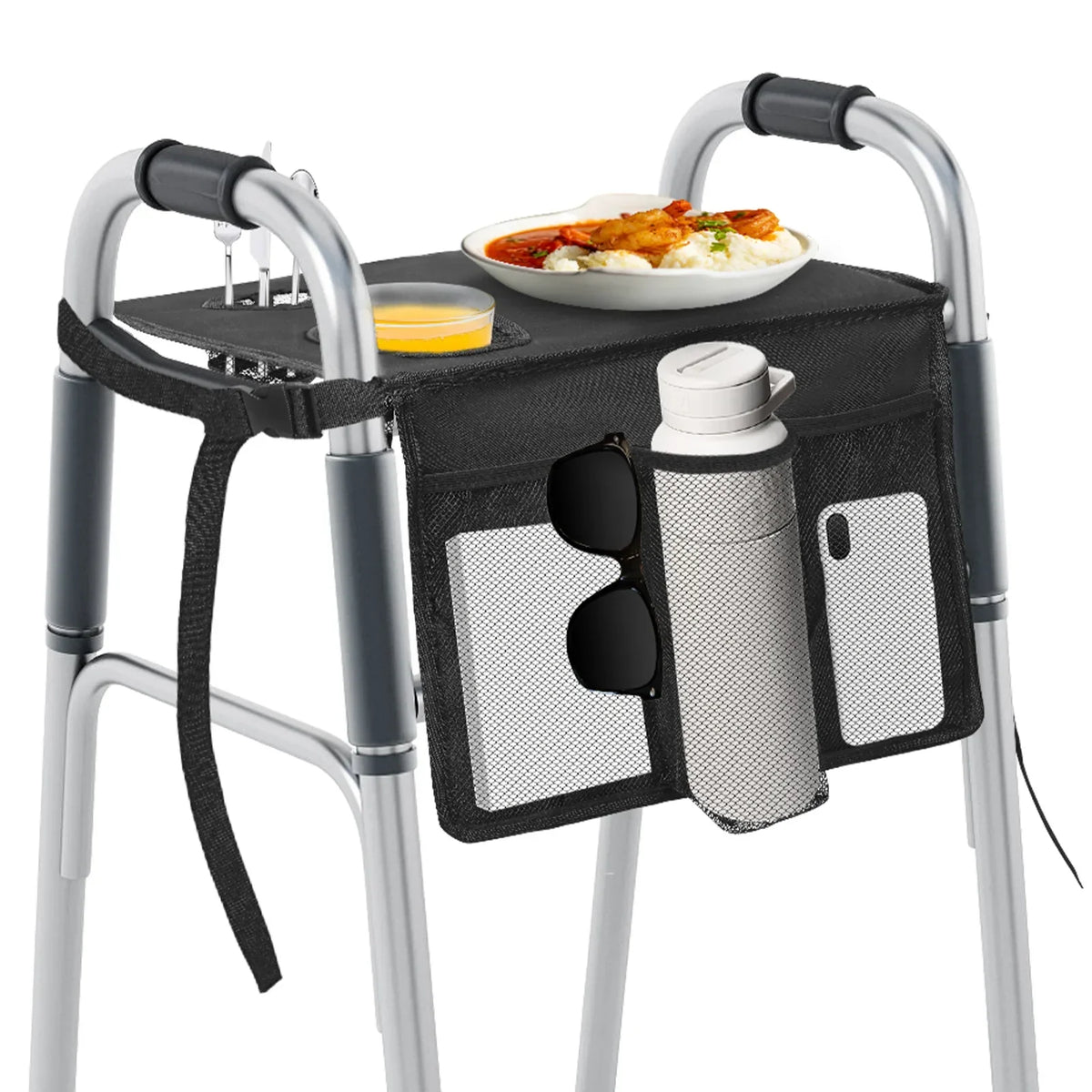 Folding Walker Tray with Cup Holder & Multi-Pocket Storage Bag