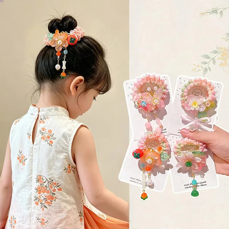 Girls Hanfu Floral Hair Tie with Pearls & Beads | Elastic Bun Rope