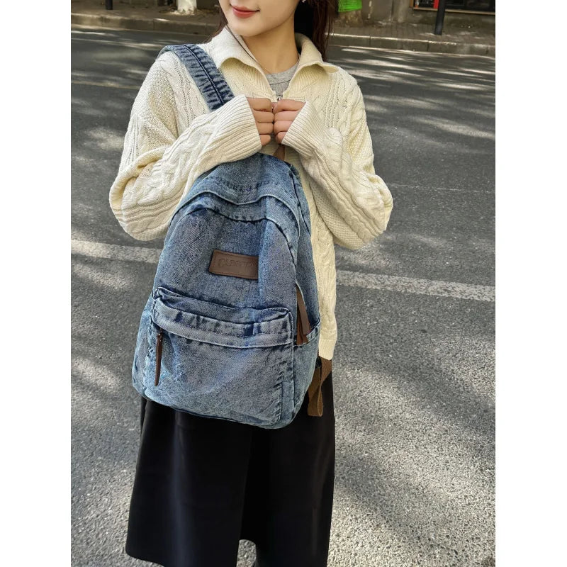 Vintage Denim Canvas Backpack – Unisex School & Travel Bag