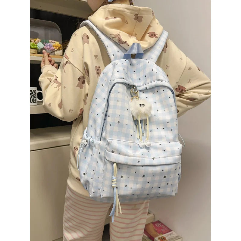 Korean Plaid Backpack – Cute Star Design, Lightweight School Bag