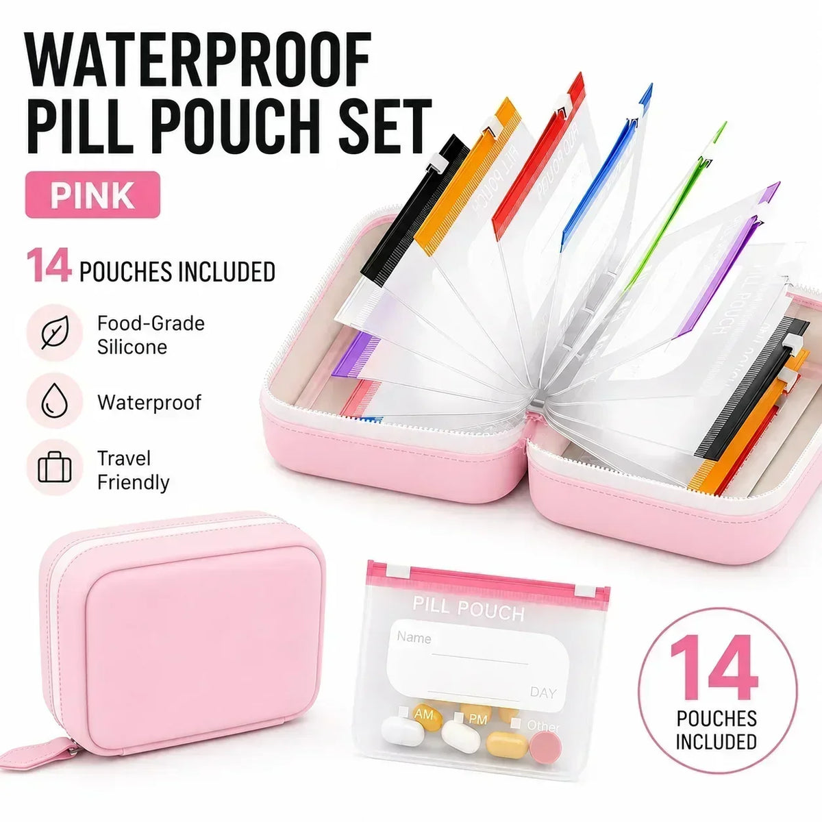 Compact Pill Organizer – 14 Zipper Pouches & Binder Case