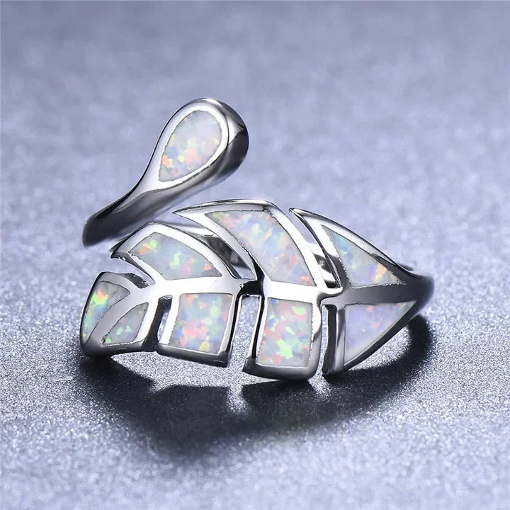 White Simulated Opal Leaves Ring | Adjustable Silver Band