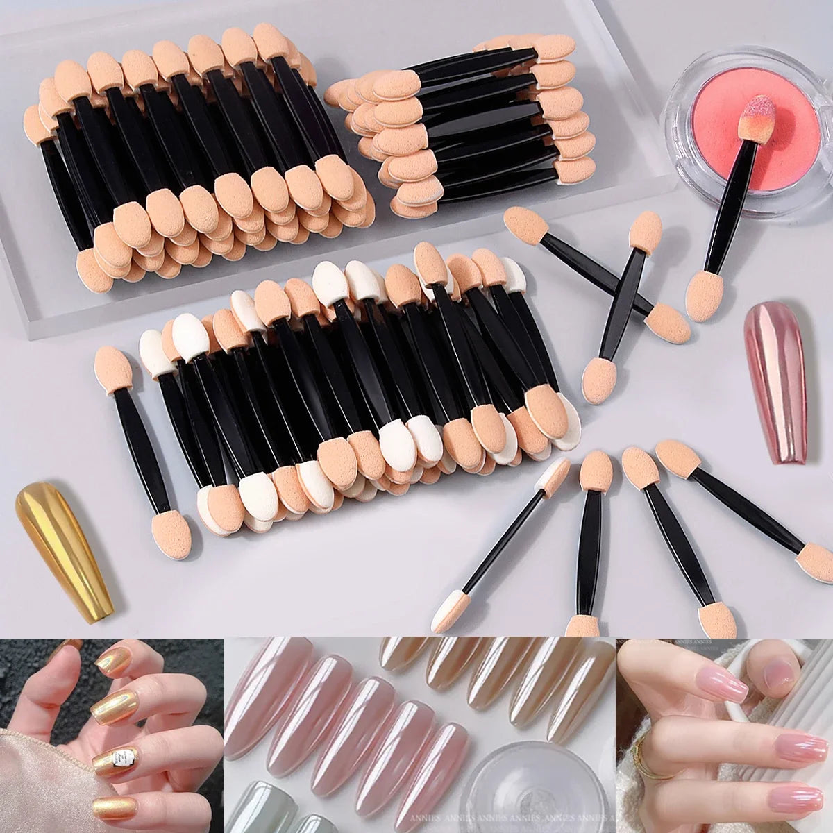 100Pcs Dual-End Eyeshadow Sponge Sticks | Makeup & Nail Art Wand