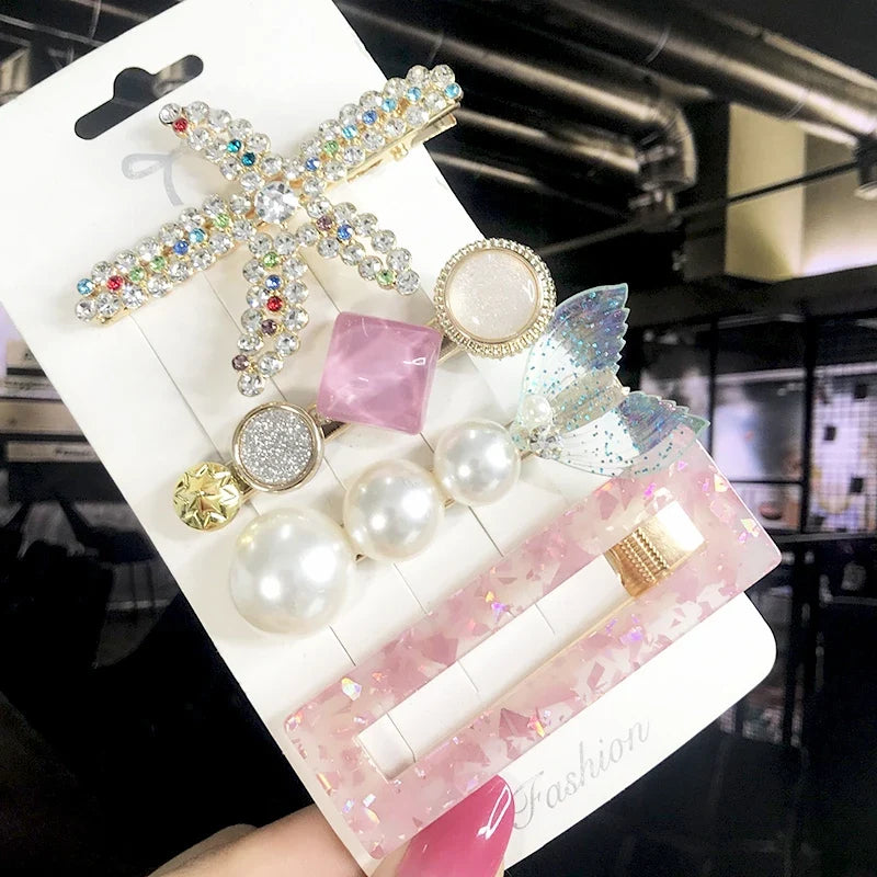 Pearl Crystal Hair Clips Set – Korean Geometric Barrettes