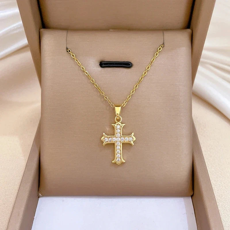 Women's Gold Cross Pendant Necklace – Stainless Steel Choker