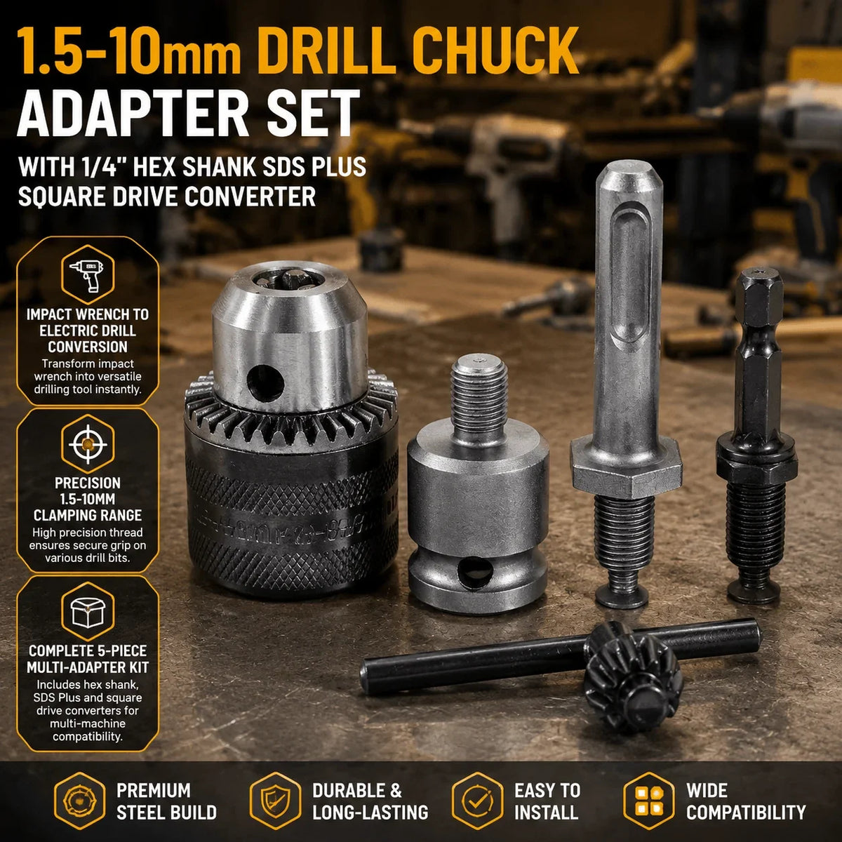 Keyless Drill Chuck Adapter 5-Pc Kit | 1/4 Hex & SDS Plus