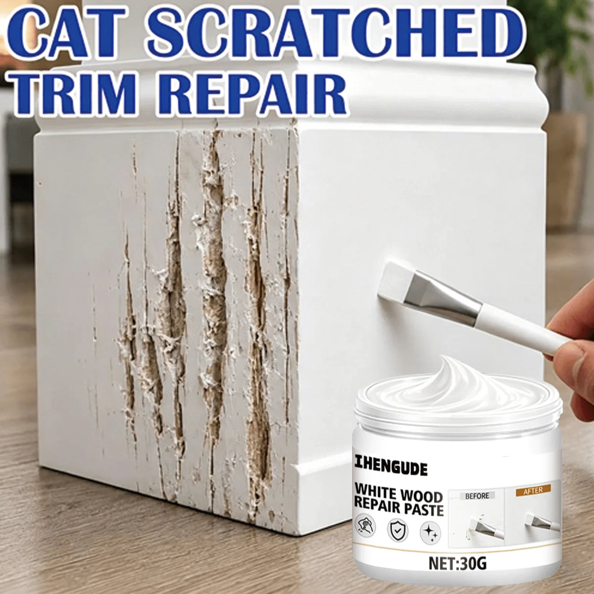 White Wood Repair Paste – Fix Scratches, Gaps & Worn Trim
